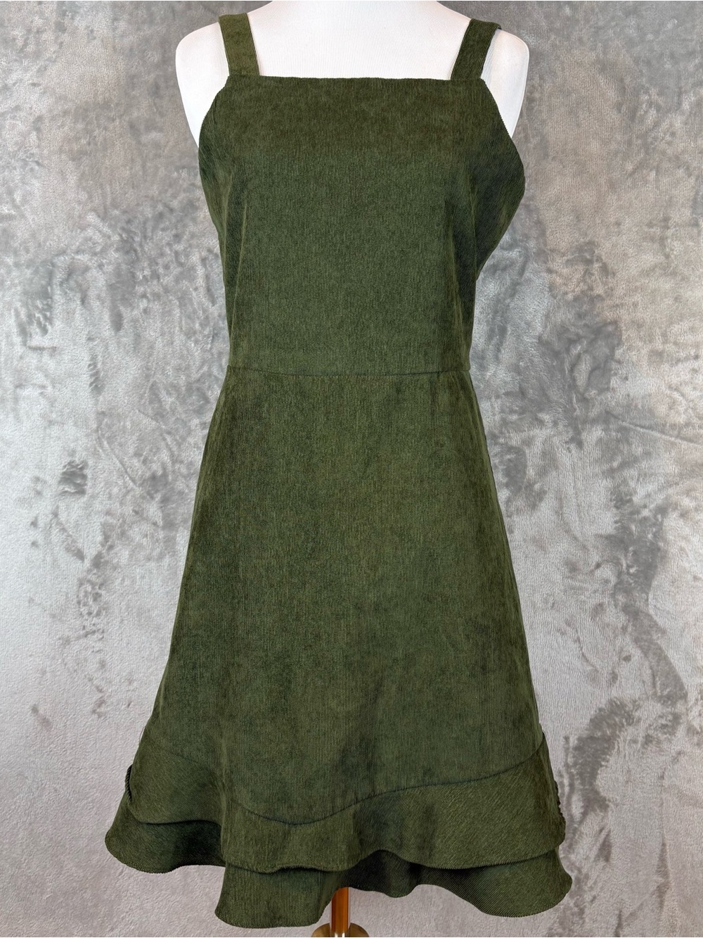Pinafore Olive Green Corduroy Jumper Sleeveless Square-Neck Ruffle Dress